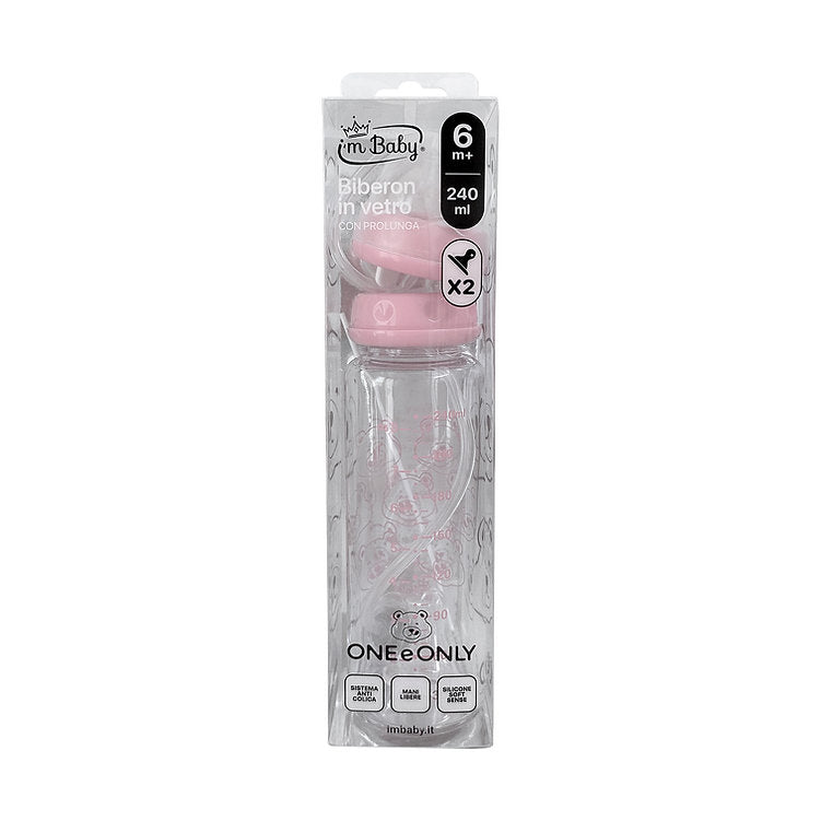 I'm Baby Biberon Vetro 240ml Con Prolunga Vari Colori