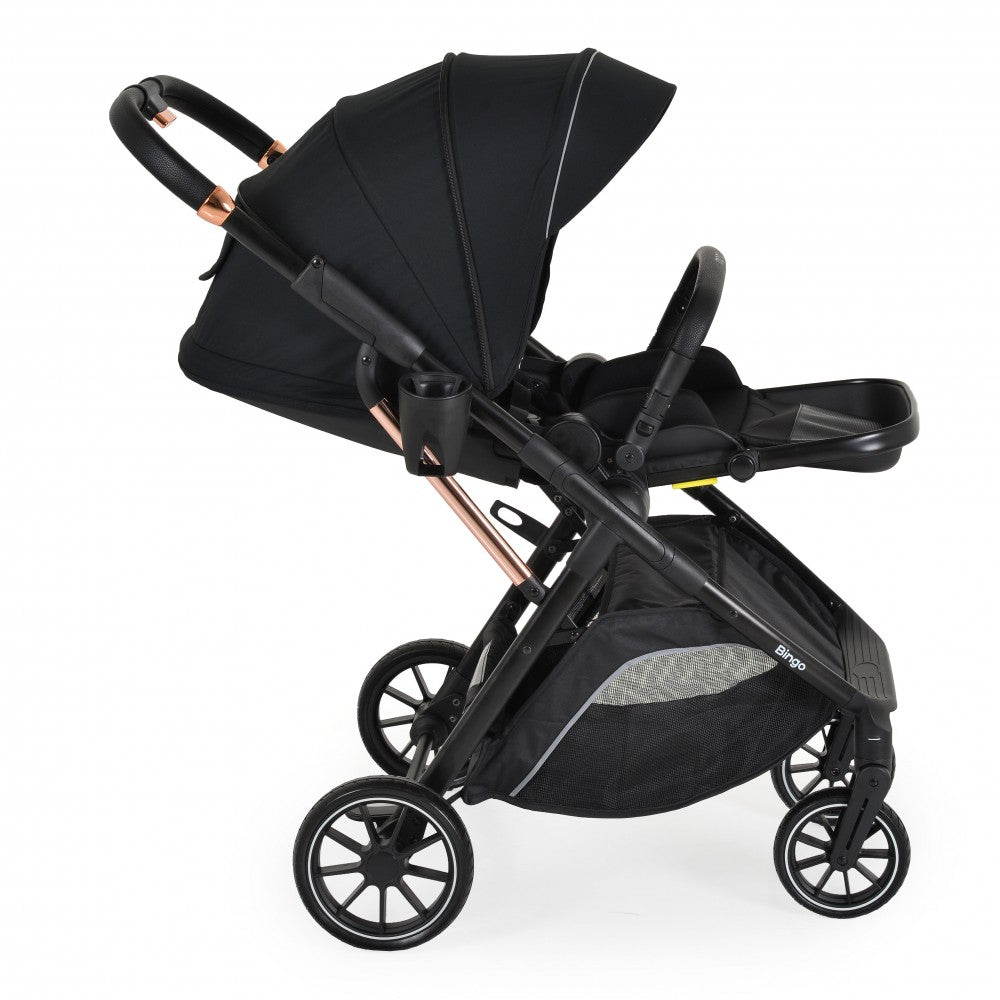 Passeggino Moni Bingo Fronte Mamma e Fronte Strada con Coprigambe, Zaino e Porta Biberon Omologato 0/22kg Nero