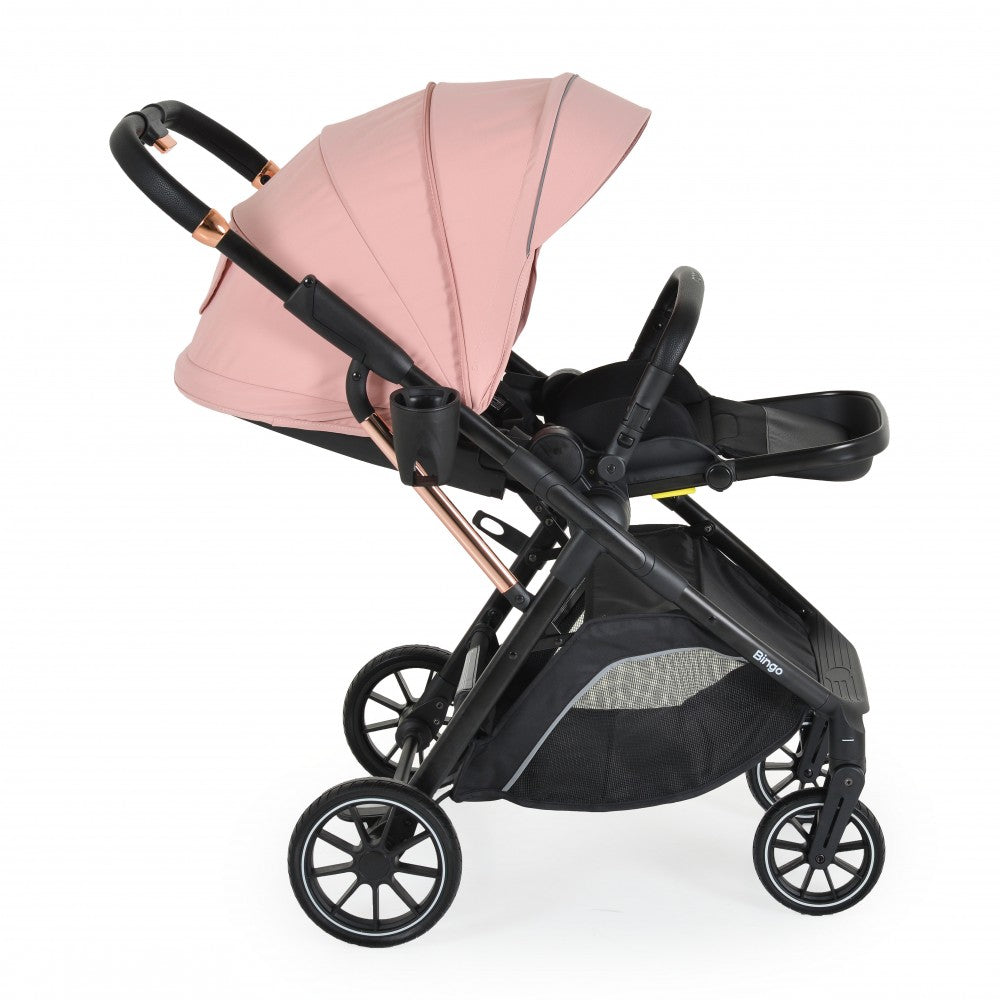 Passeggino Moni Bingo Fronte Mamma e Fronte Strada con Coprigambe, Zaino e Porta Biberon Omologato 0/22kg Rosa