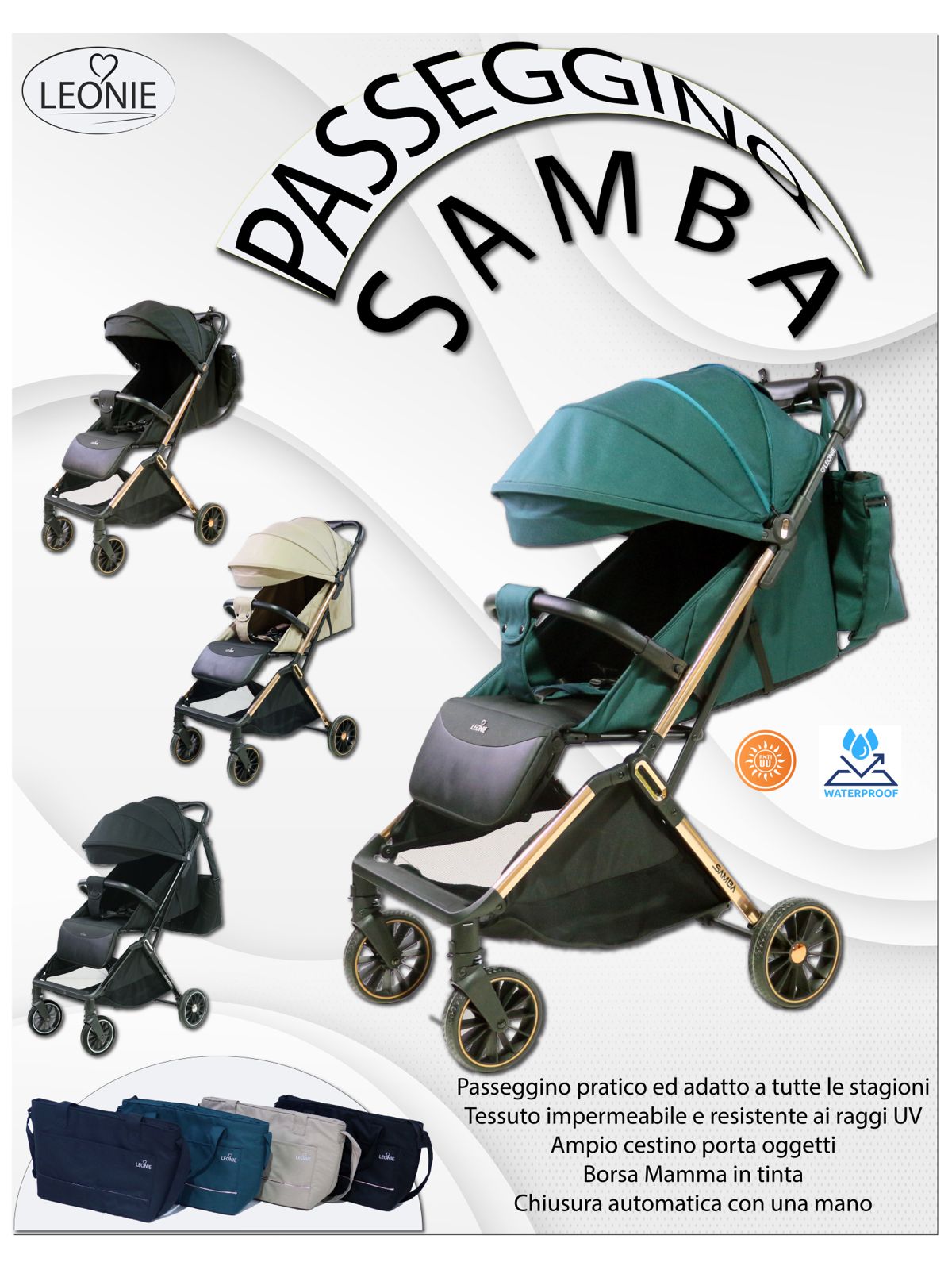 Passeggino Leggero Leonie Samba Chiusura Automatica Completo di Borsa Omologato 0/22kg Vari Colori