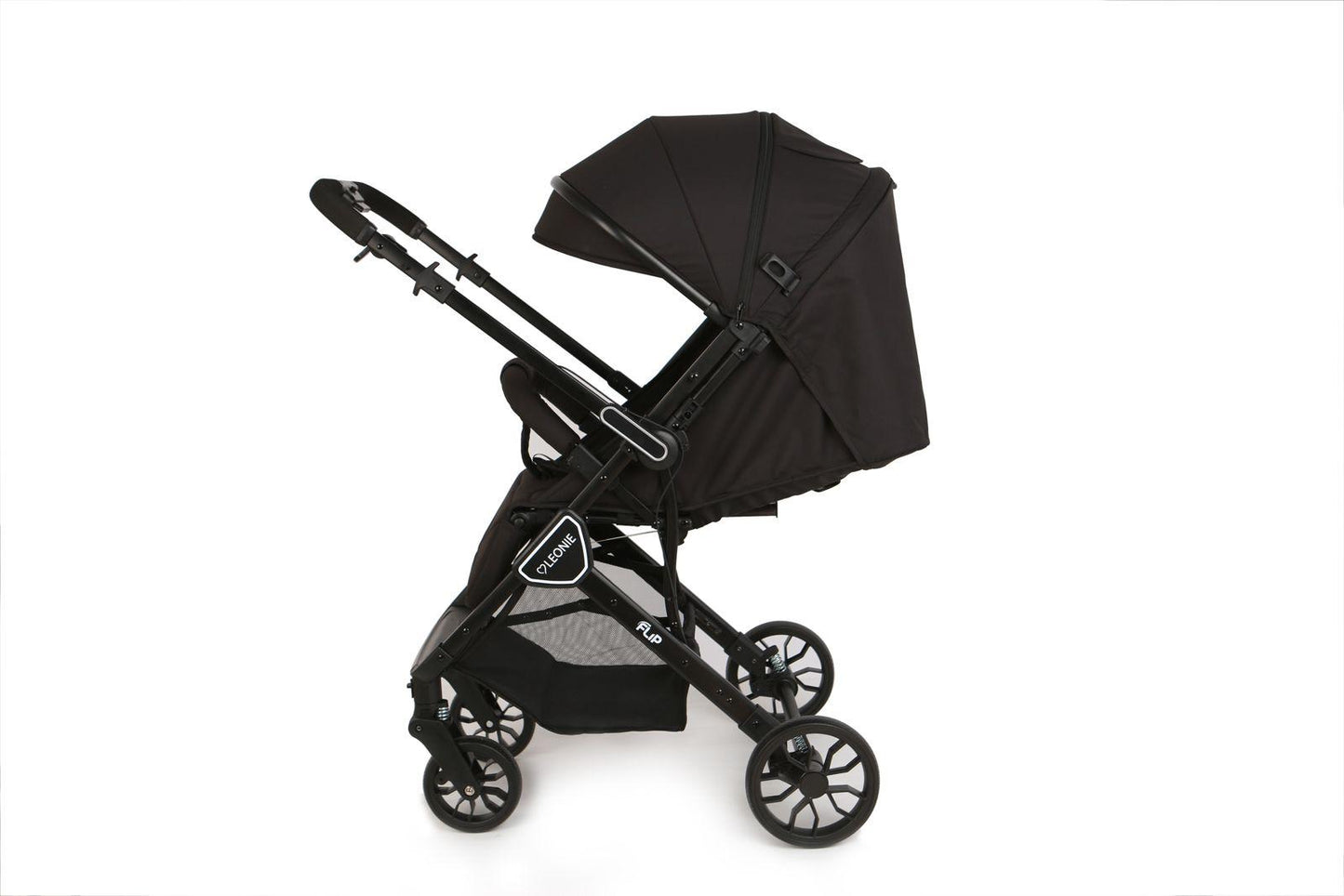 Passeggino Leggero Leonie Flip con Maniglione Reversibile Fronte Mamma e Fronte Strada con Coprigambe, Borsa e Zanzariera in Omaggio Nero