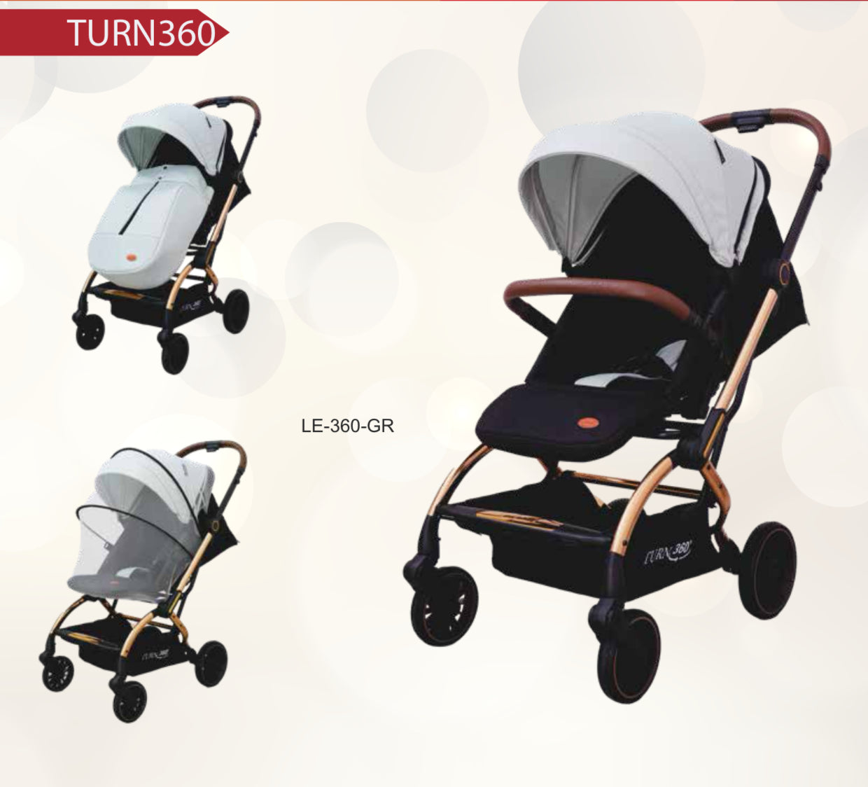 Passeggino Leonie Turn 360 Fronte Mamma e Fronte Strada con Coprigambe, Zaino e Zanzariera Omologato 0/22kg Beige