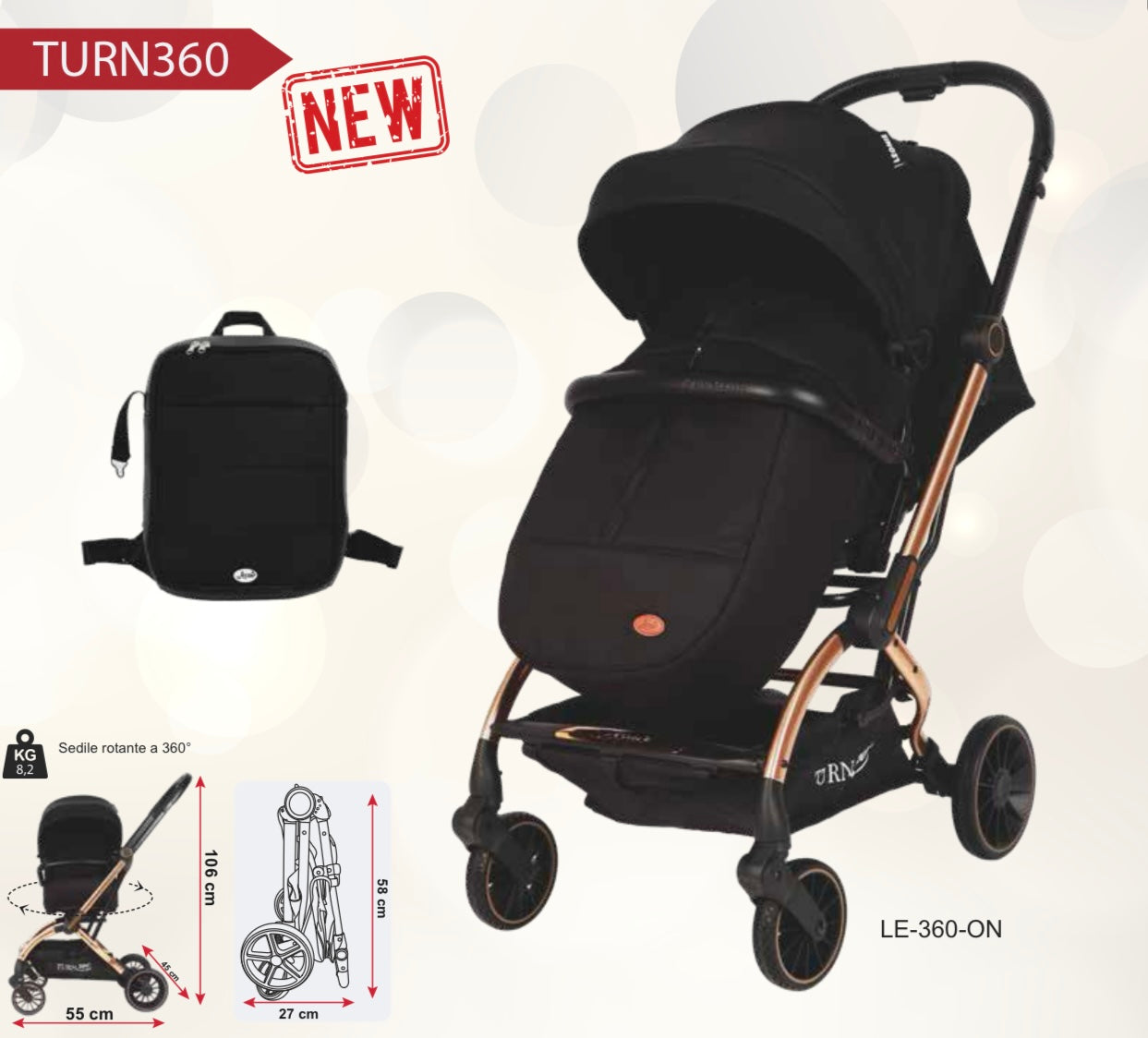 Passeggino Leonie Turn 360 Fronte Mamma e Fronte Strada con Coprigambe, Zaino e Zanzariera Omologato 0/22kg Beige
