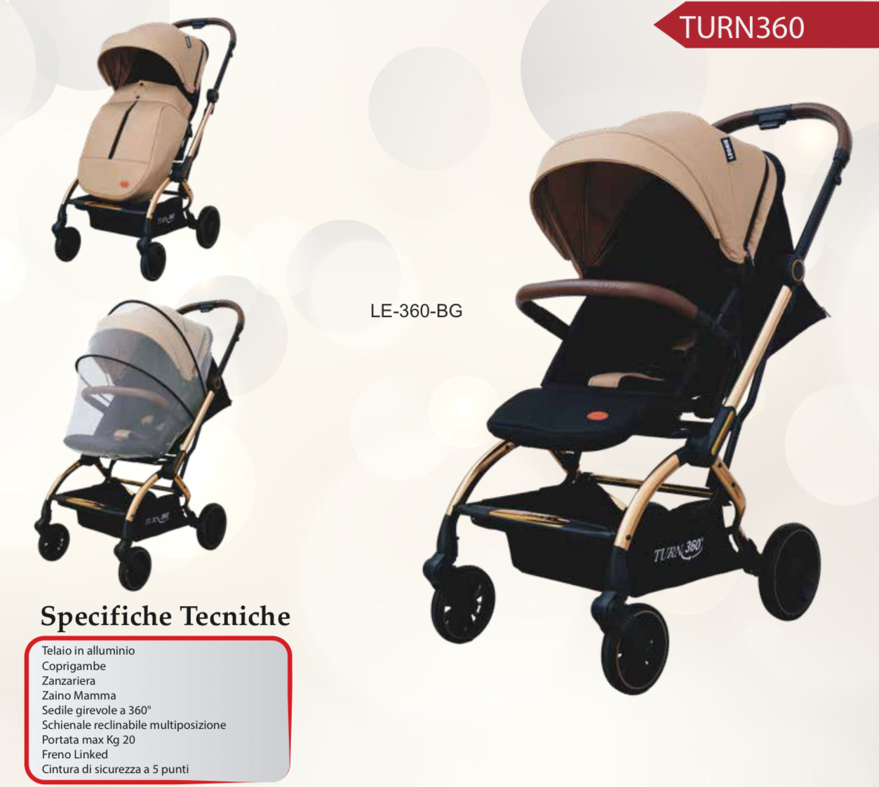 Passeggino Leonie Turn 360 Fronte Mamma e Fronte Strada con Coprigambe, Zaino e Zanzariera Omologato 0/22kg Beige
