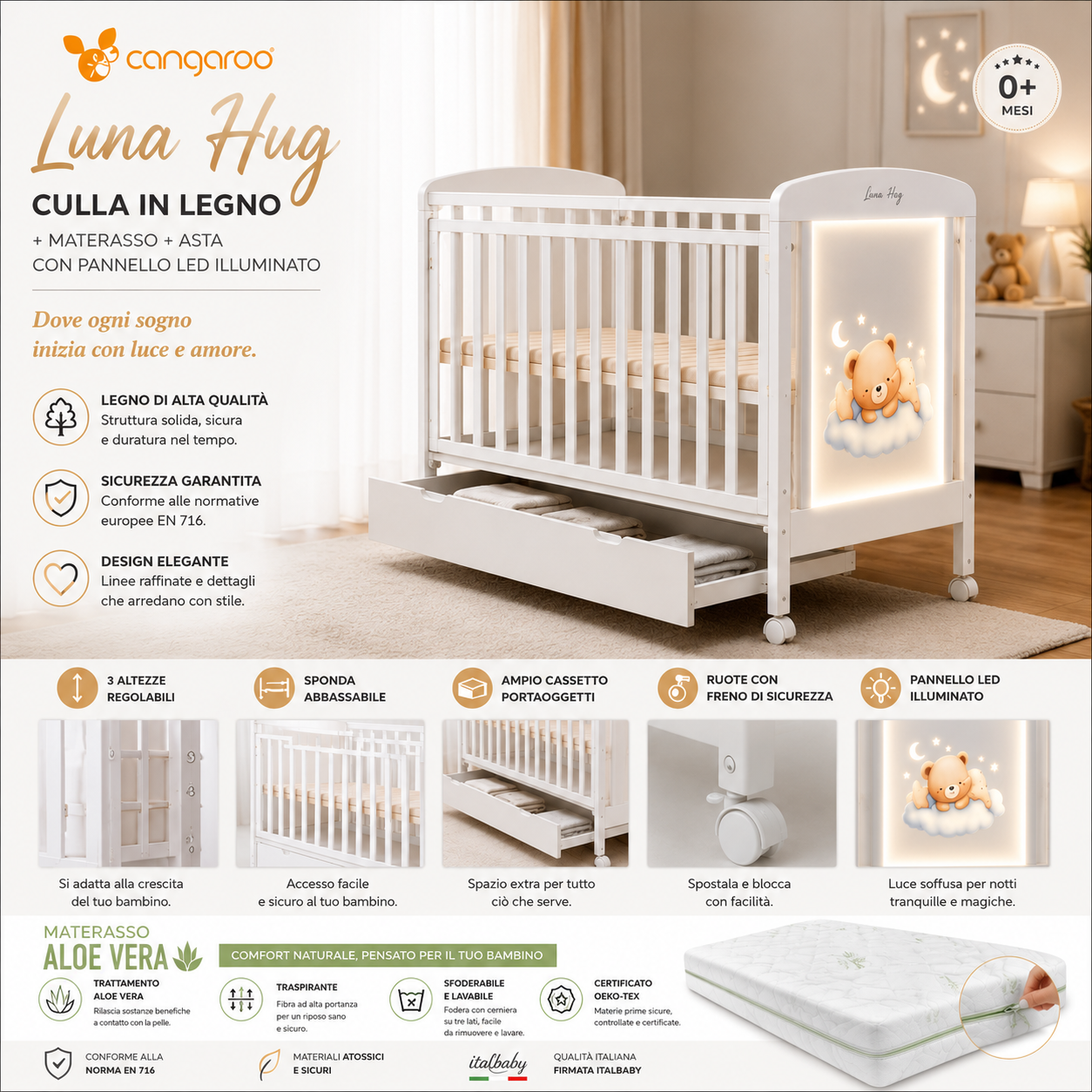 Cangaroo Luna Hug Culla in legno + Materasso + Asta con Velo con Pannello Led Illuminato