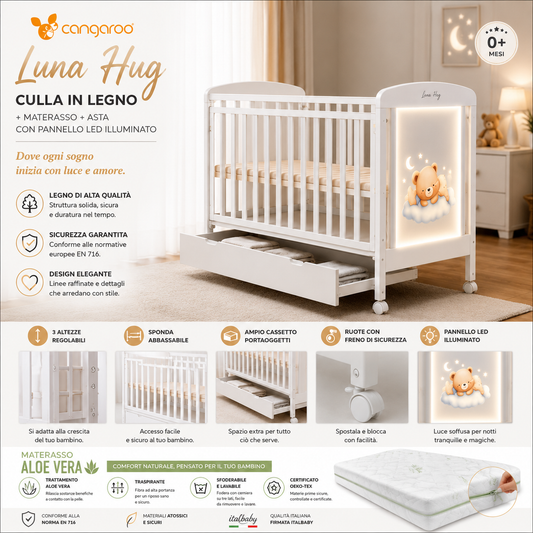 Cangaroo Luna Hug Culla in legno + Materasso + Asta con Velo con Pannello Led Illuminato
