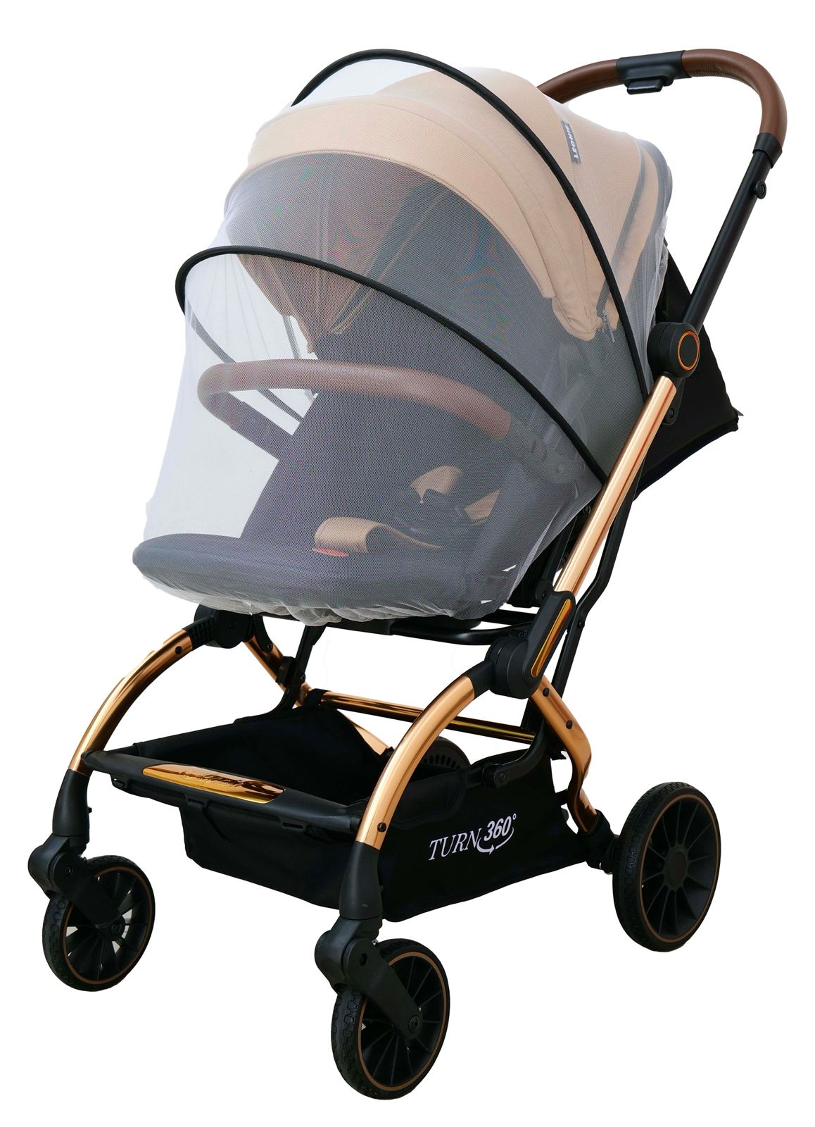 Passeggino Leonie Turn 360 Fronte Mamma e Fronte Strada con Coprigambe, Zaino e Zanzariera Omologato 0/22kg Beige