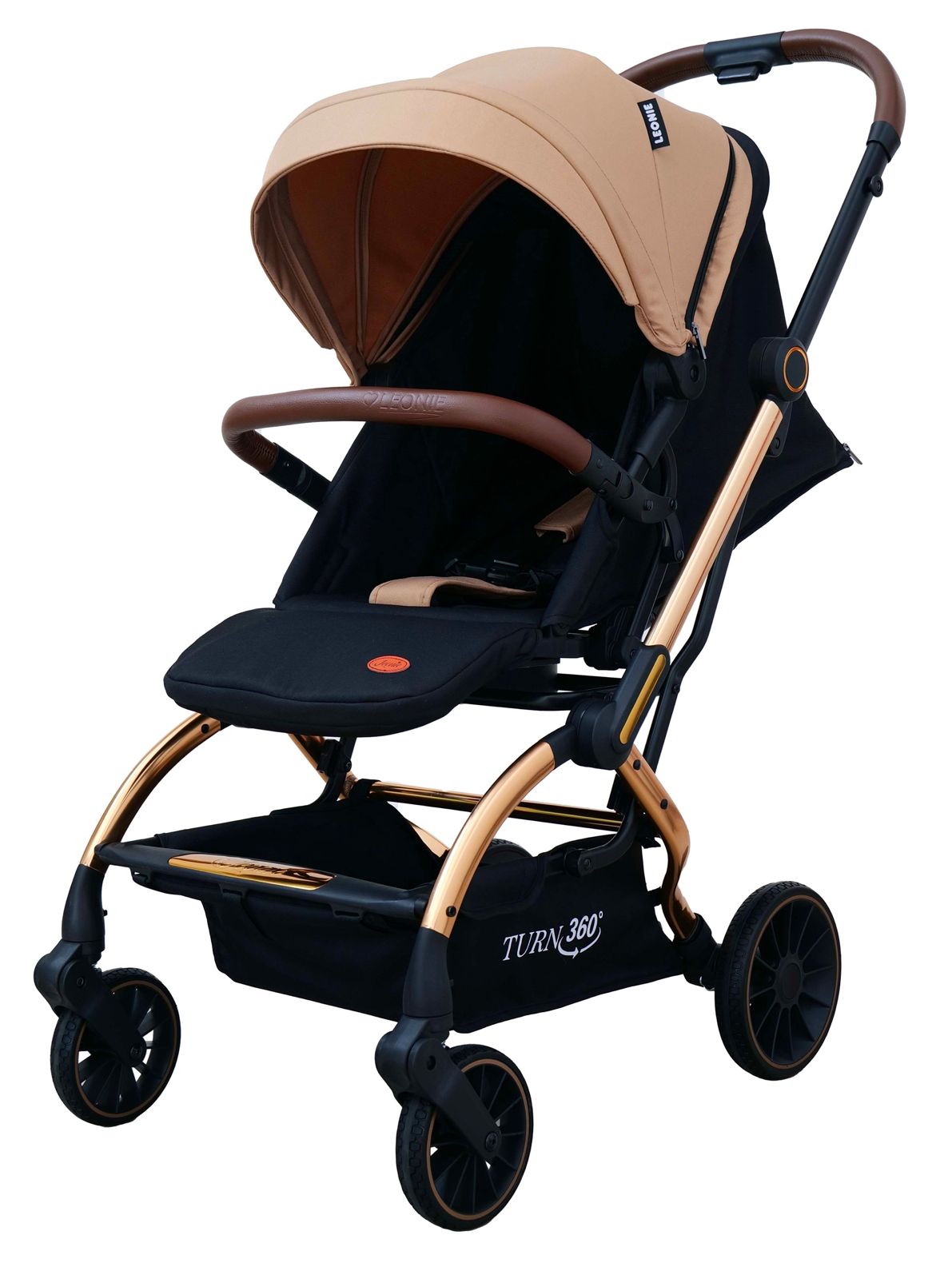 Passeggino Leonie Turn 360 Fronte Mamma e Fronte Strada con Coprigambe, Zaino e Zanzariera Omologato 0/22kg Beige
