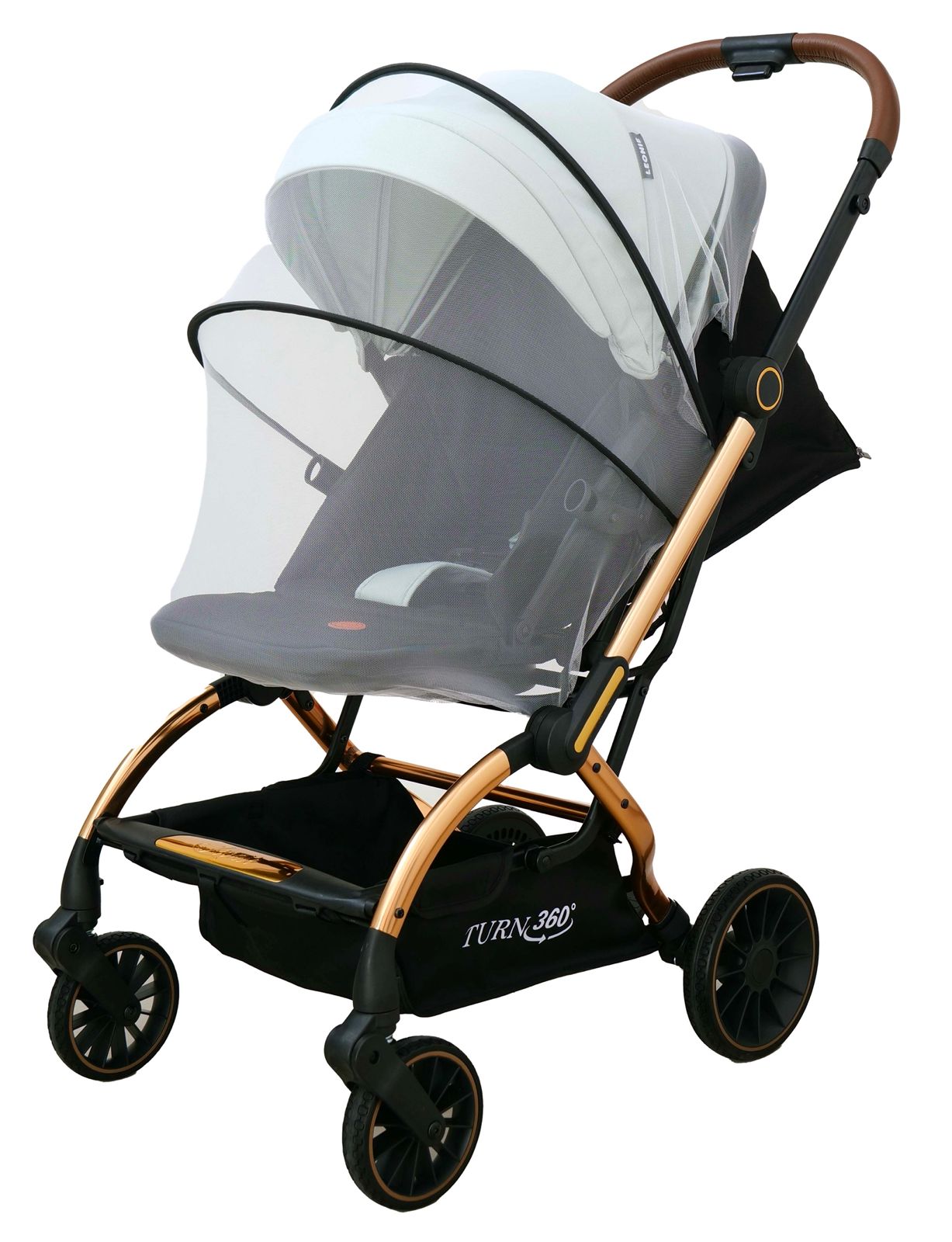 Passeggino Leonie Turn 360 Fronte Mamma e Fronte Strada con Coprigambe, Zaino e Zanzariera Omologato 0/22kg Beige