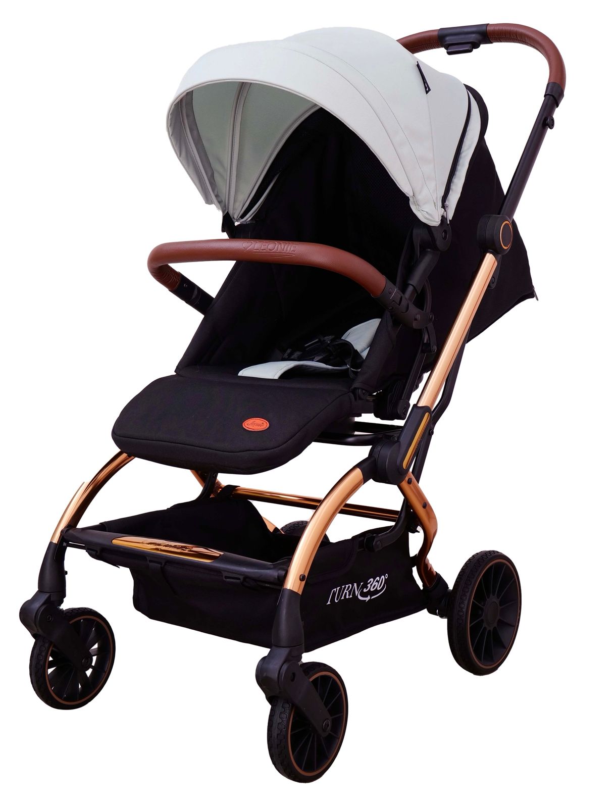Passeggino Leonie Turn 360 Fronte Mamma e Fronte Strada con Coprigambe, Zaino e Zanzariera Omologato 0/22kg Beige