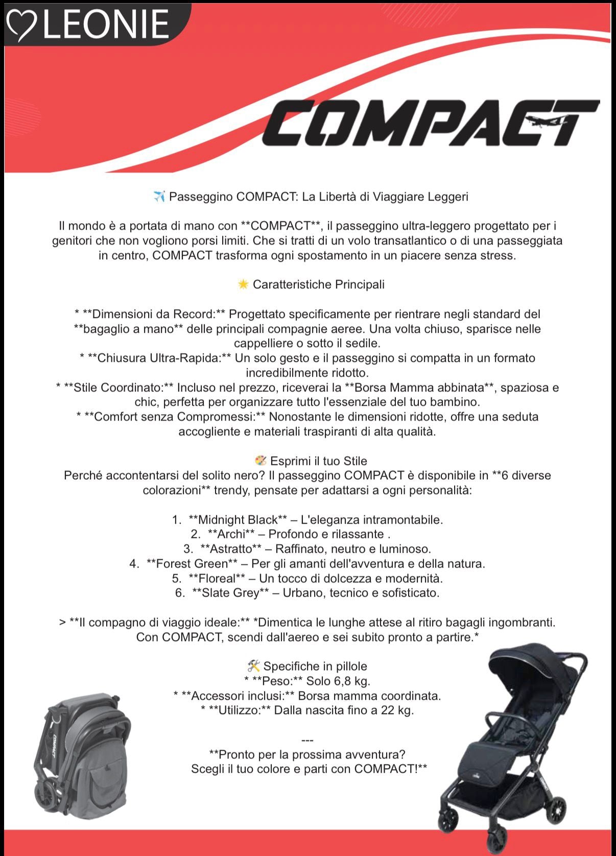 Passeggino Leggero Leonie Compact con Borsa, Bagaglio a Mano in Aereo, Vari Colori