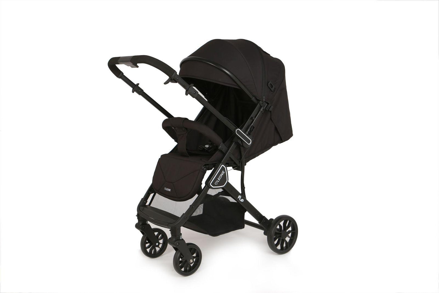 Passeggino Leggero Leonie Flip con Maniglione Reversibile Fronte Mamma e Fronte Strada con Coprigambe, Borsa e Zanzariera in Omaggio Nero