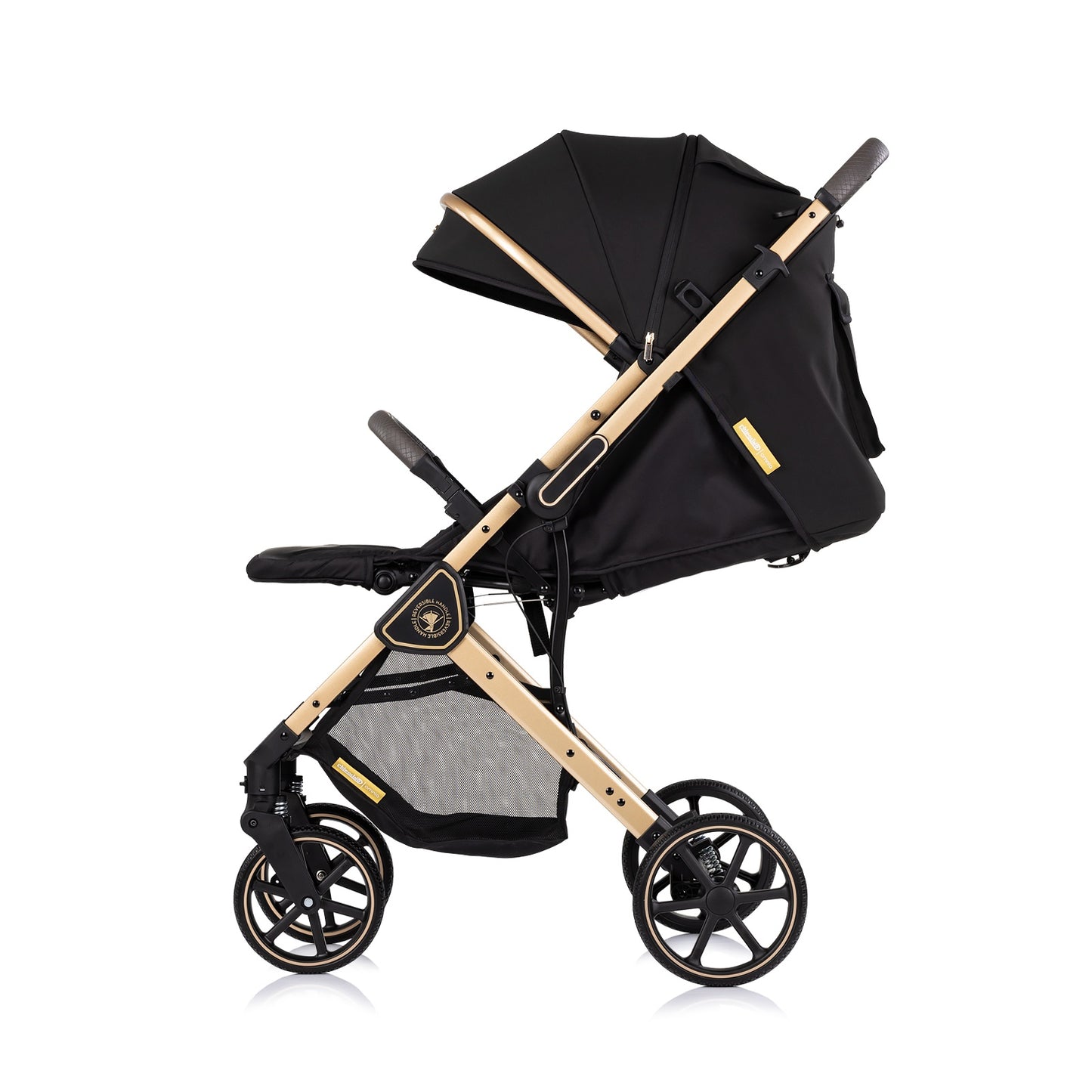Passeggino Leggero Chipolino Omnia con Maniglione Reversibile Fronte Mamma e Fronte Strada con Coprigambe, Nero/oro