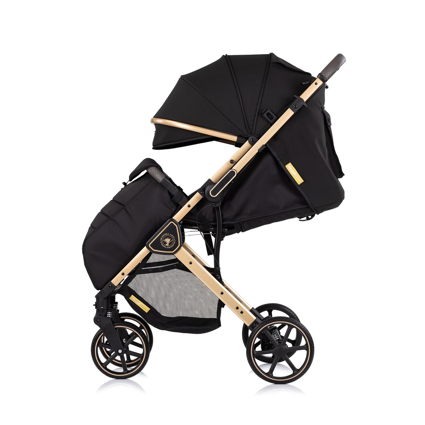 Passeggino Leggero Chipolino Omnia con Maniglione Reversibile Fronte Mamma e Fronte Strada con Coprigambe, Nero/oro