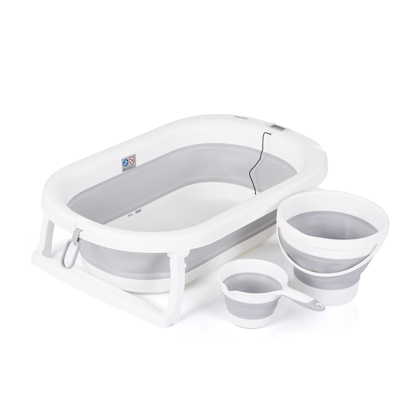 Chipolino Vasca da Bagno Pieghevole Bubble Spa con Termometro, Riduttore Morbido, Secchio e Bicchiere per il Risciacquo 3 in 1 Grigio