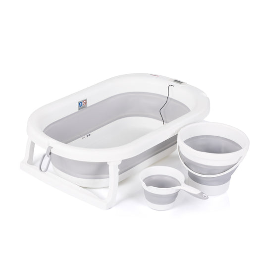 Chipolino Vasca da Bagno Pieghevole Bubble Spa con Termometro, Riduttore Morbido, Secchio e Bicchiere per il Risciacquo 3 in 1 Grigio
